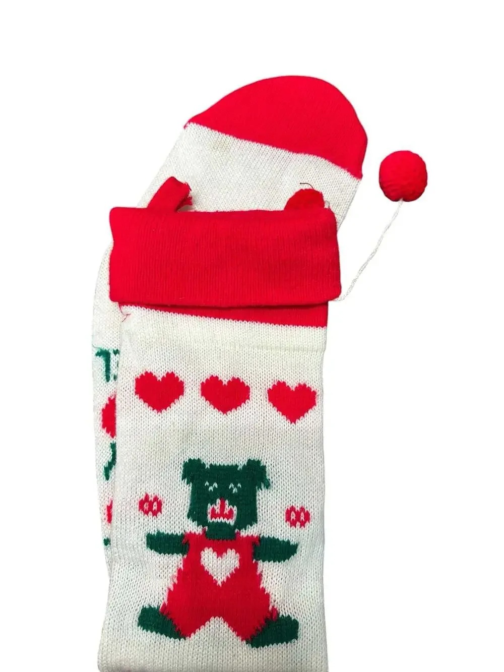 Vintage Knit Christmas Stocking Red and White with Teddy Bear Joy Noel Hearts an
